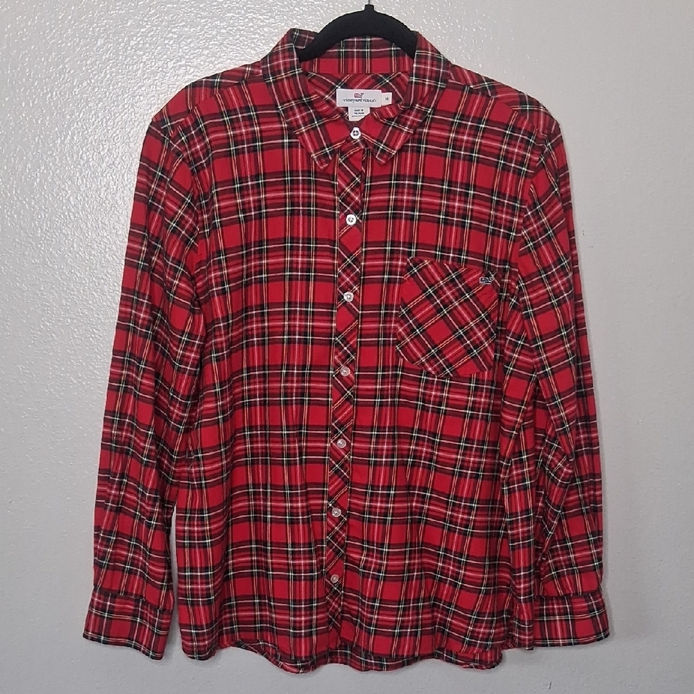 Vineyard Vines Womens Weekend Button-up Shirt Top Long Slv Red Plaid Flannel 14